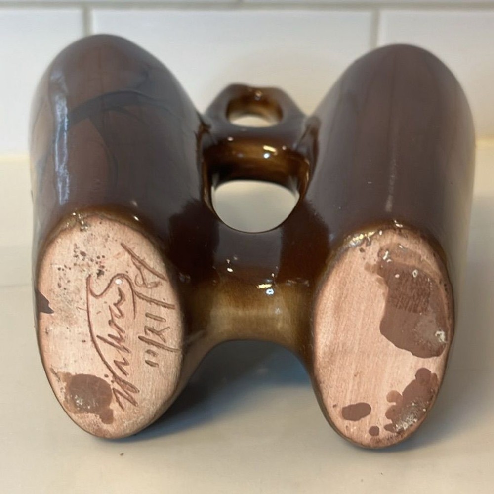 MCM Double Bud Vase Brown Drip Glaze Signed 1987