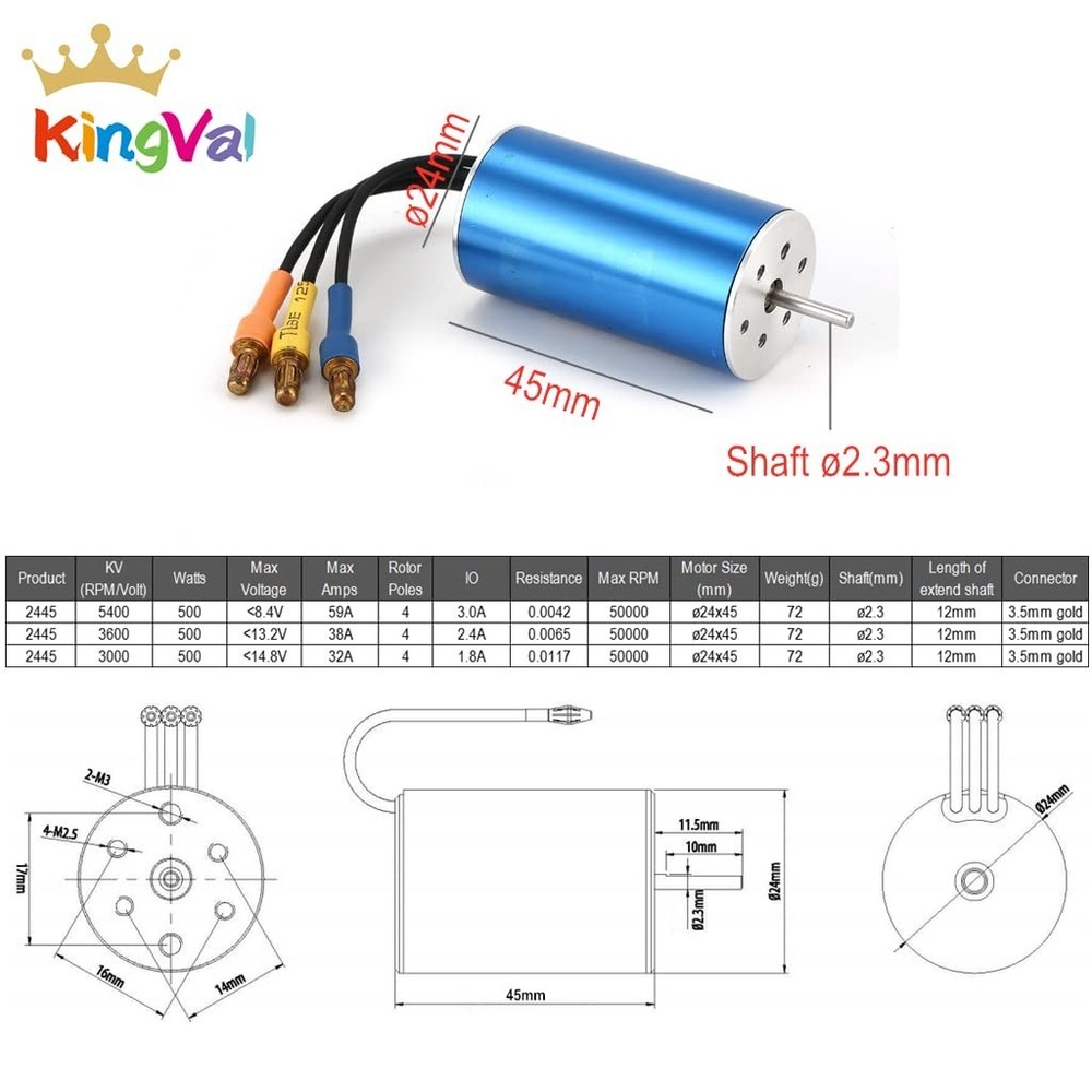 Replacement 2445 3000KV Sensorless Brushless Motor Shaft Diameter 2.3mm Compa...