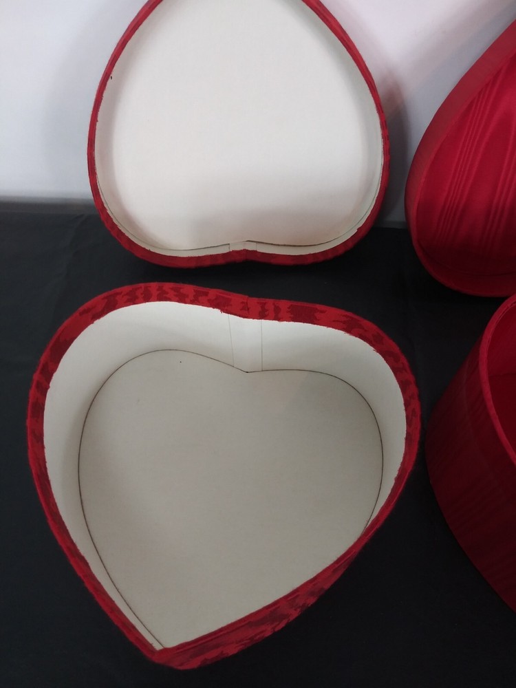 2 Red Fabric Covered Stacking Nesting Heart Boxes Satin Moire & Brocade Wedding