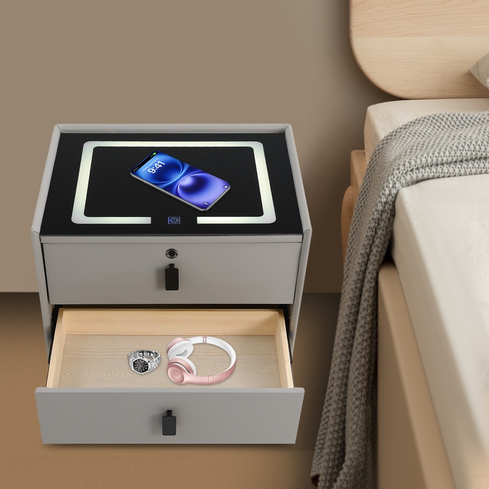 Bedside Table with Drawers, Bedside Table with Light USB& Wireless Charging