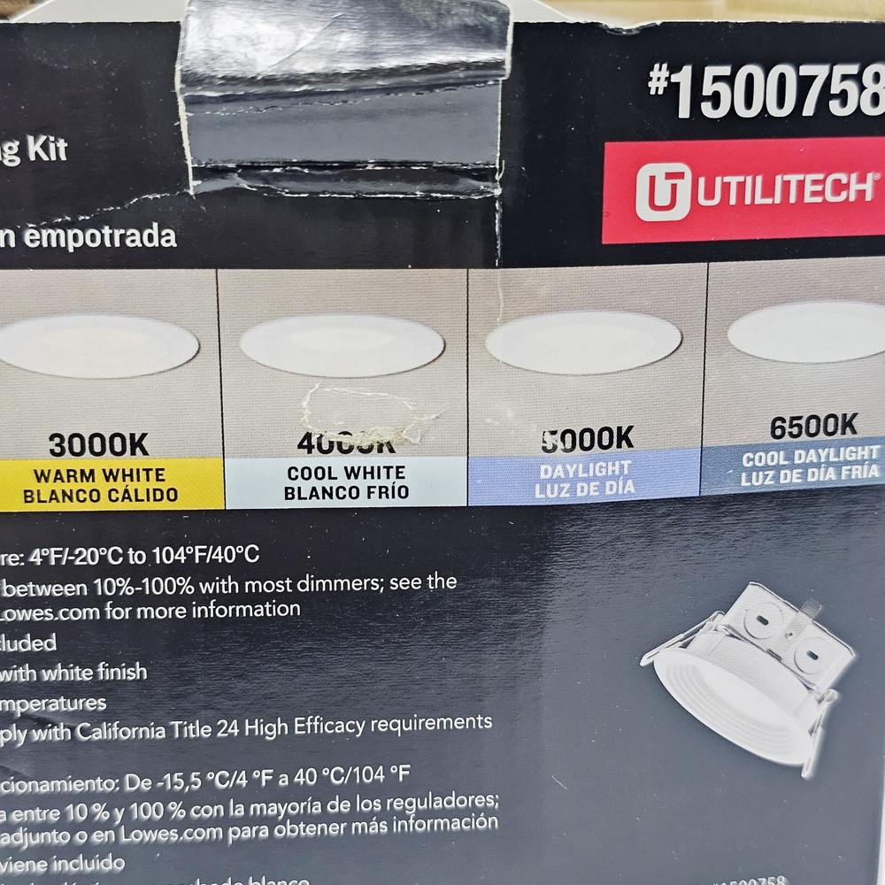 Utilitech Canless Recessed Light Kit 1500758 LED 2700k-6500k Dimming Quick Wire