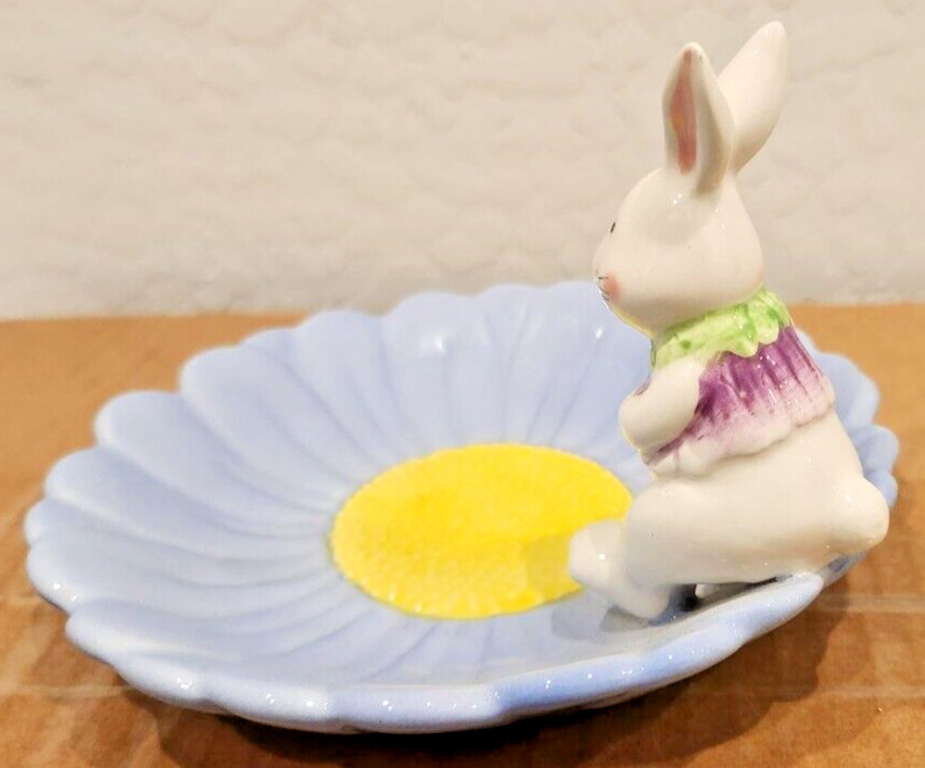 Cute! Easter Bunny Flower Design Candy Dish ~6" Plate ~Blue & Yellow ~Ceramic