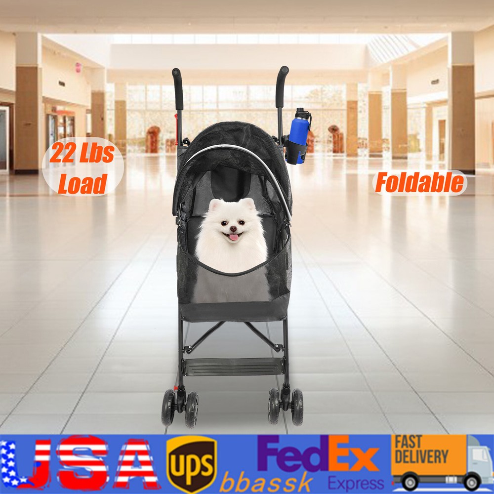 Foldable Small & Medium-sized Dogs/cats Pet Stroller W/cup Holder Black 4 Wheels