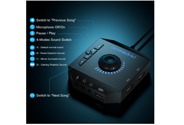 External Sound Card, PHOINIKAS USB Audio Adapter for PC Windows, Mac, Linux, Lap