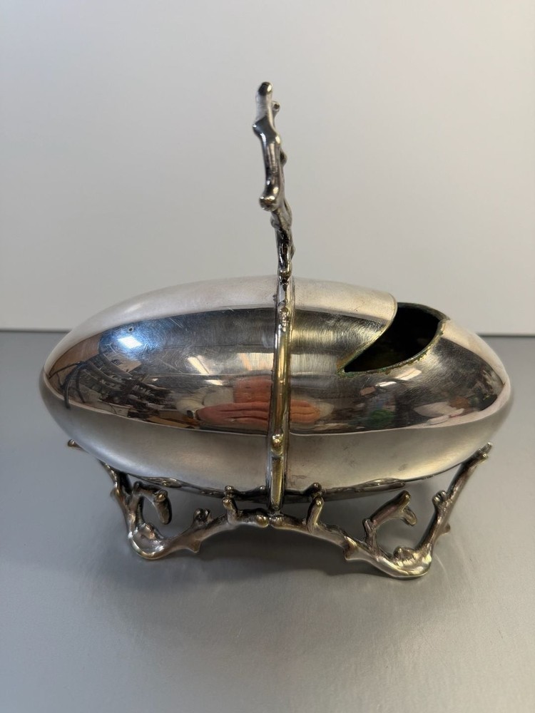 Martin, Hall & Co Victorian Silver Plated Egg Sugar Scuttle on Rustic Twig Stand