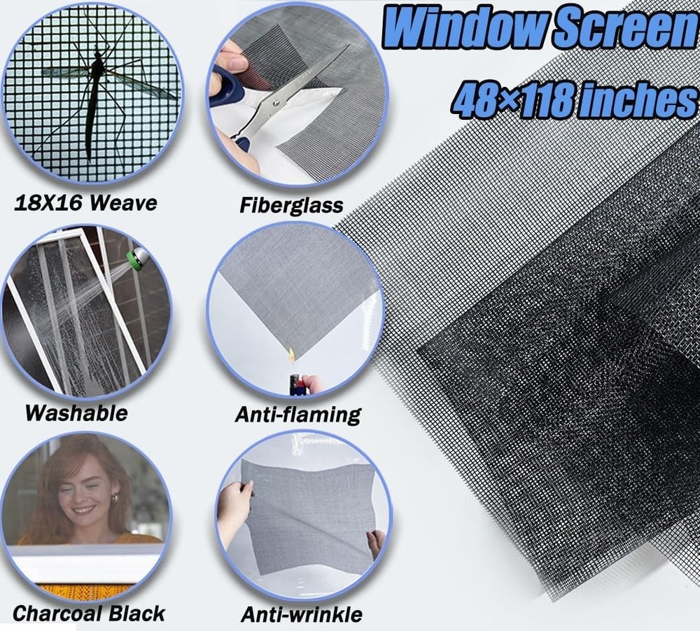 Deluxe Window Screen Replacement Kit 48"x118" - Mesh, Rollers & Tools Included