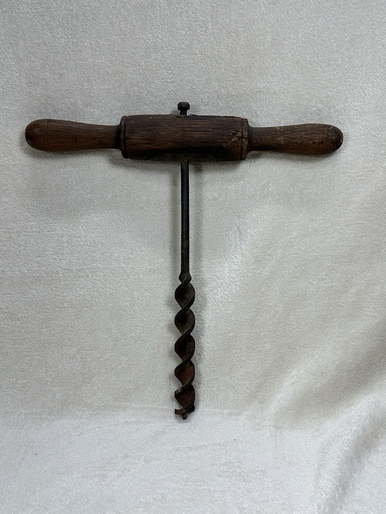 Antique Hand Drill Tool Wooden T- Handle