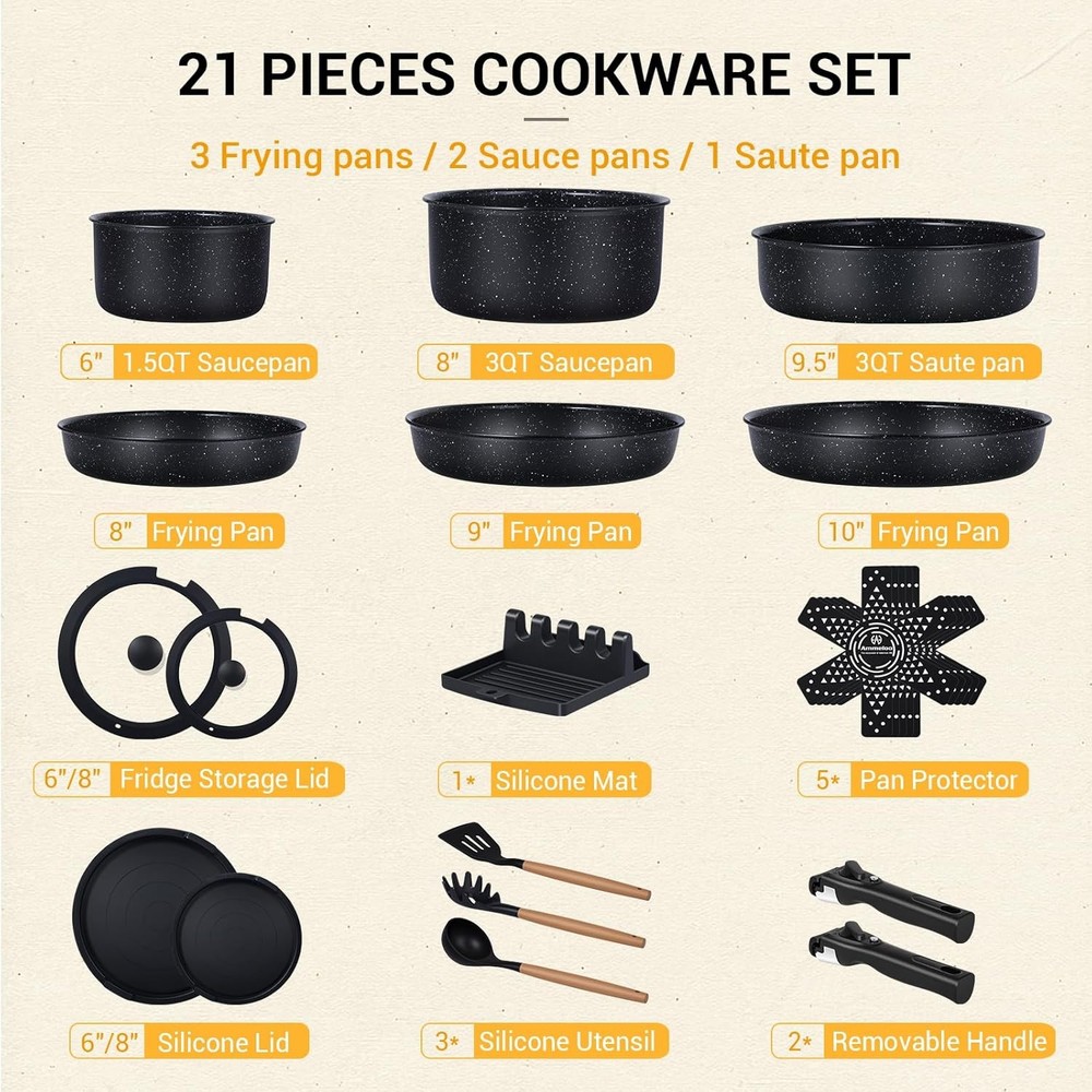 21 Pcs Pots & Pans Set Non Stick Ceramic Kitchen Cookware Set W/ Detachable