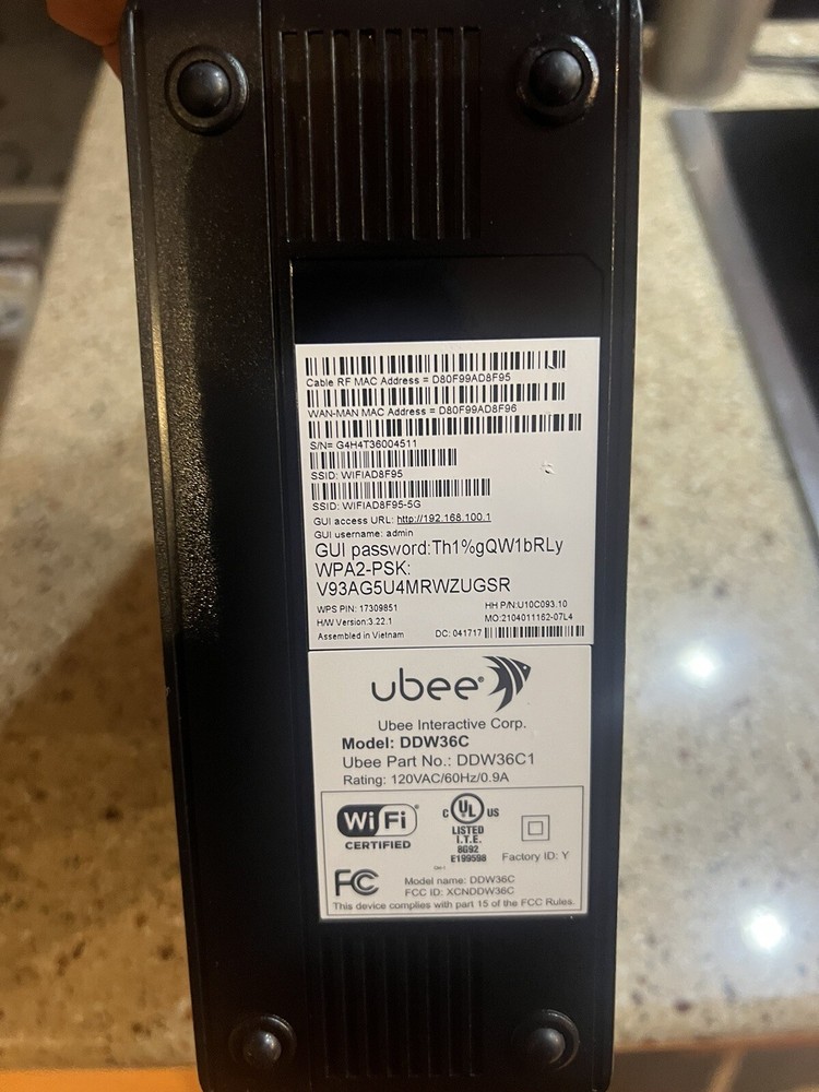 Ubee DDW36C Wireless Cable Modem Router Gateway