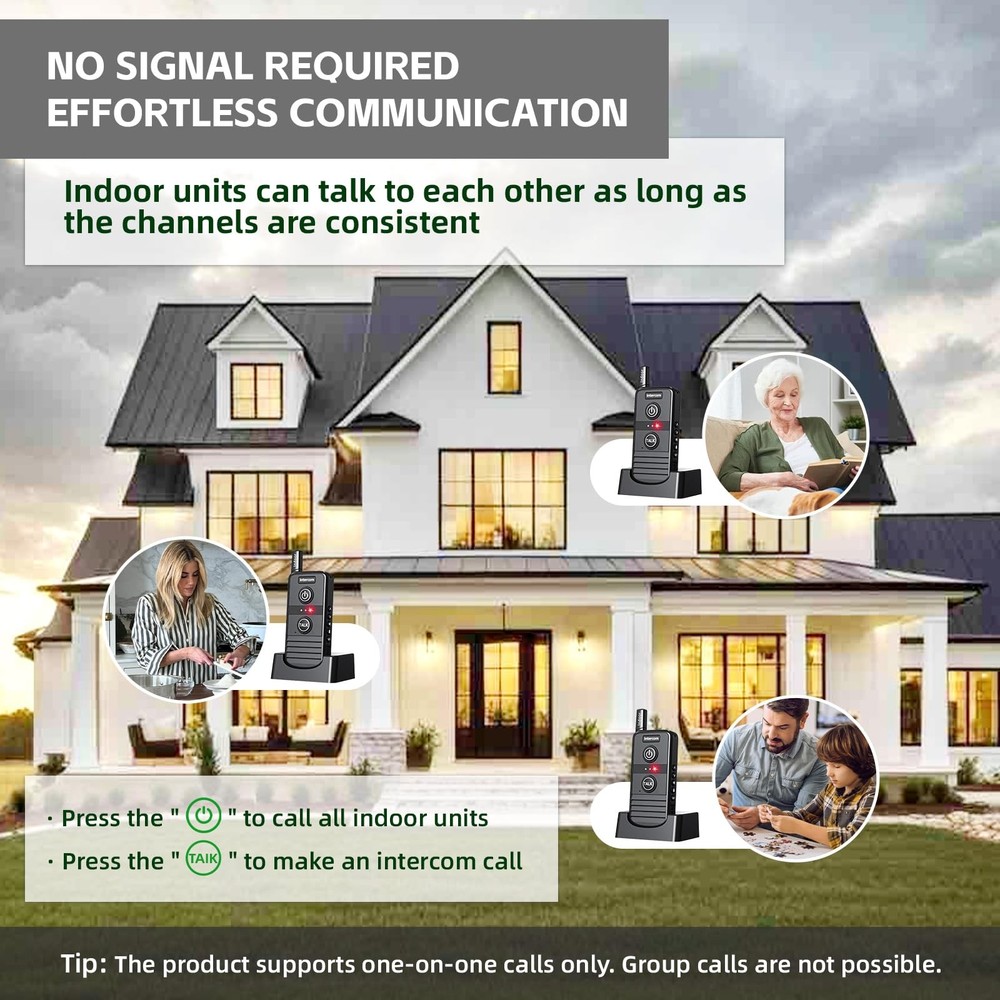 Wireless Home Intercom System 2 Pack Long Range 4900ft Waterproof Office House