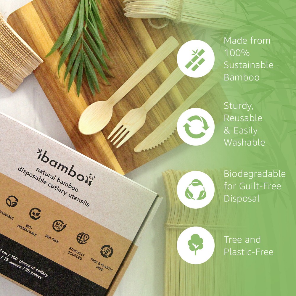 Ibambo 100% Bamboo Utensils - Assorted Bamboo Cutlery - Disposable or Reusable