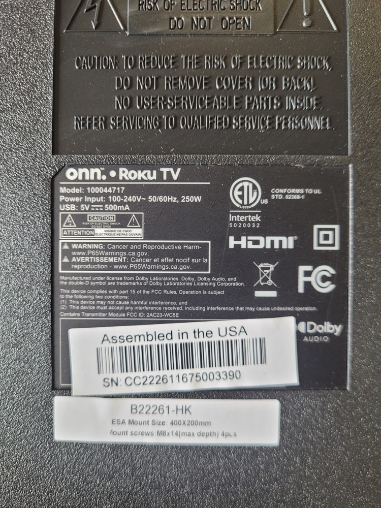 (CHECK VERSION) 75" ONN 100044717 POWER SUPPLY BOARD HKL-750206C1