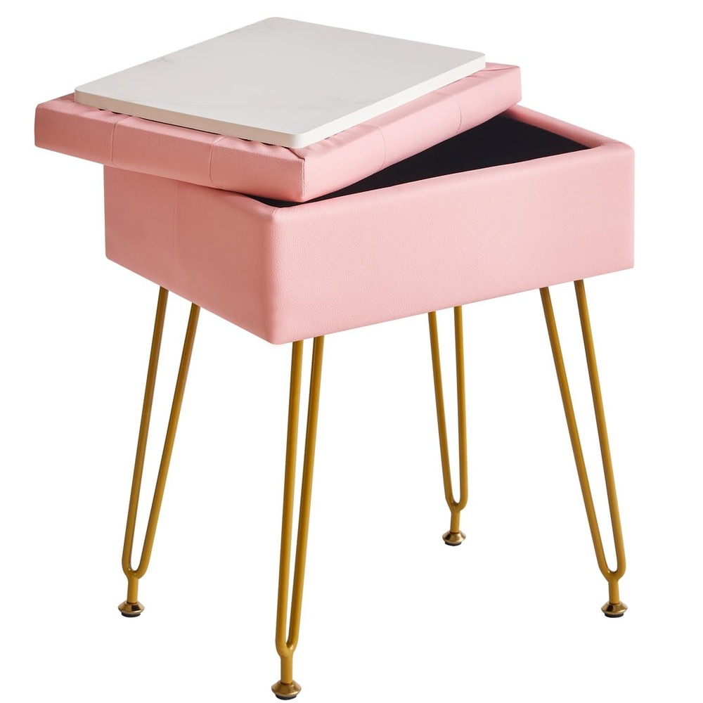 Multifunctional Storage Vanity Stool with Flip Tabletop, Adjustable Metal Leg...