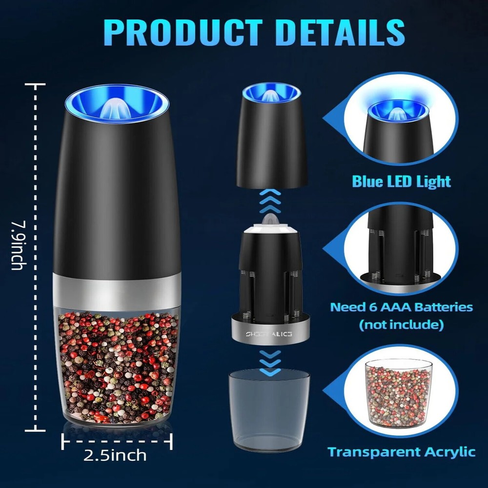 2Pcs Electric Salt and Pepper Grinder Set, Gravity Sensor, Automatic Pepper Mill