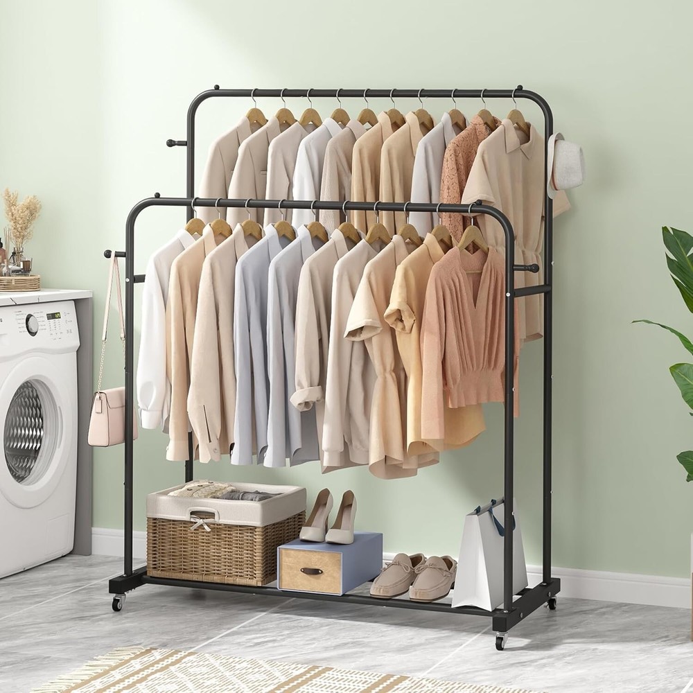 Double Rod Garment Rack with Wheels, 4 Hooks, Multi-functional Black Cloth Rack