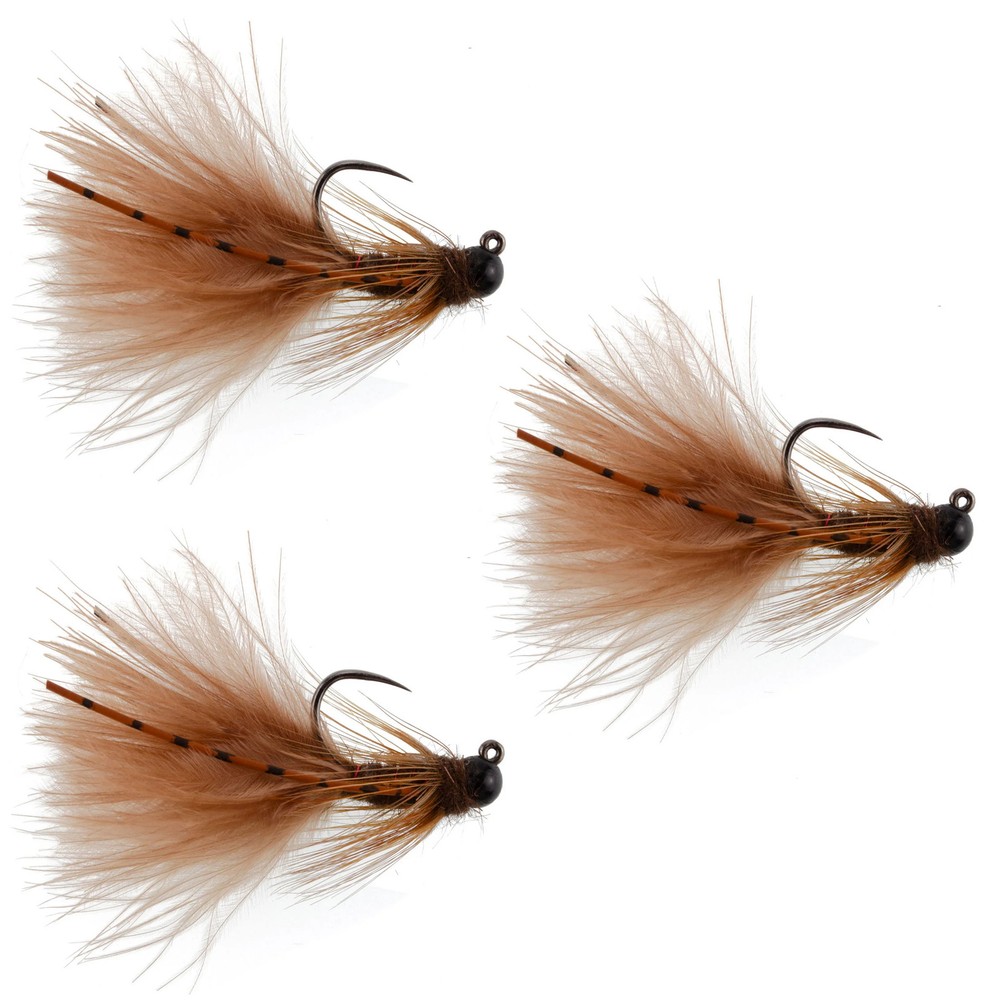 3 Pack Tungsten Bead Tactical Brown Mini Bugger Nymph Fly - Size 8