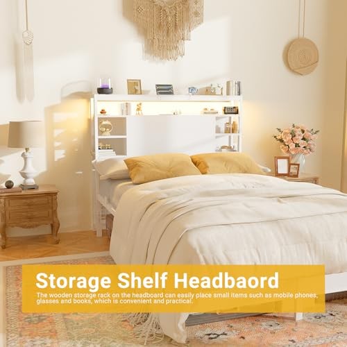 Headboard with Storage, Headboard with Power Outlets and Smart LED Twin White