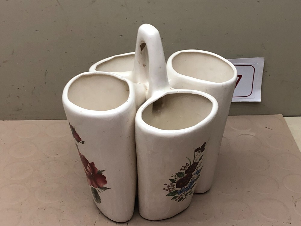 Vintage Ceramic Basket Planter/Vase 4 Sections w/ Flowers