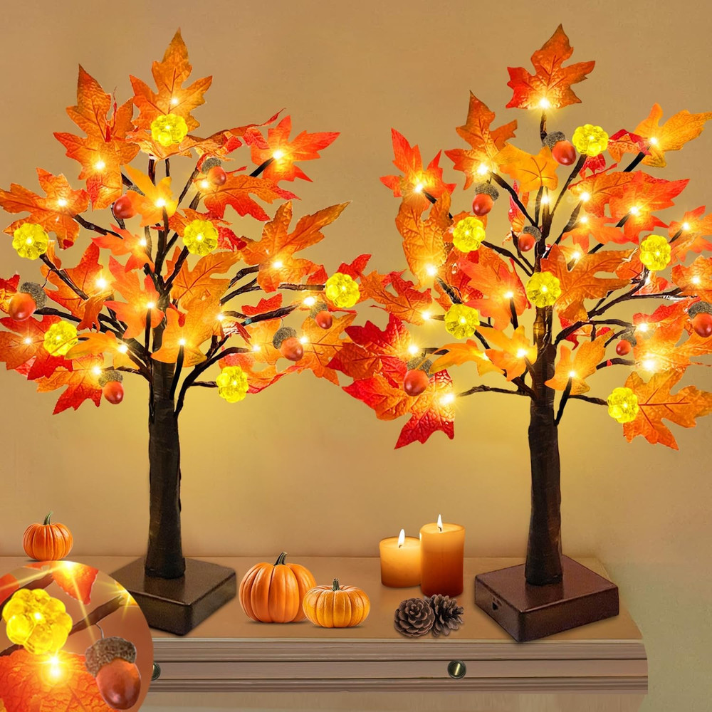 Thanksgiving Fall Decor-2 Pack 24 Inch Prelit Fall Maple Tree 48Leds Timer Acorn