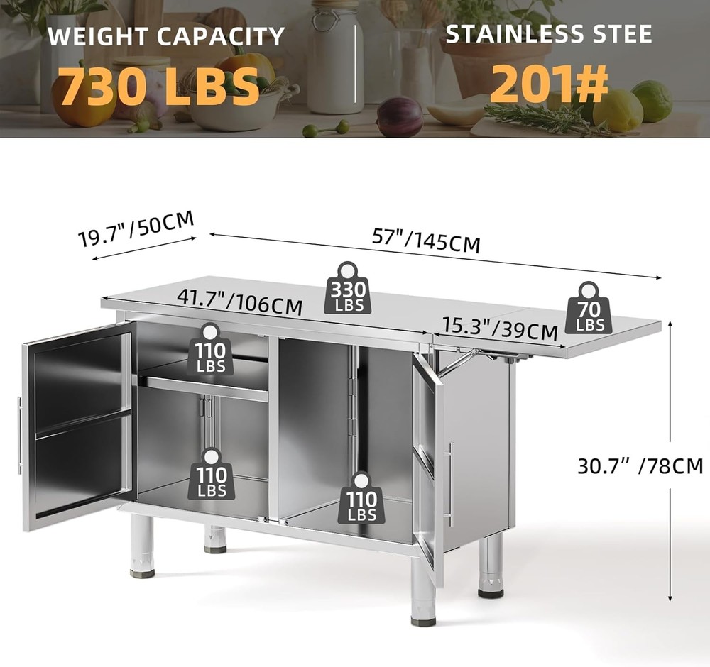 57"x19.7" Stainless Steel Work Table w/ Extend Panel & Adjustable Shelf