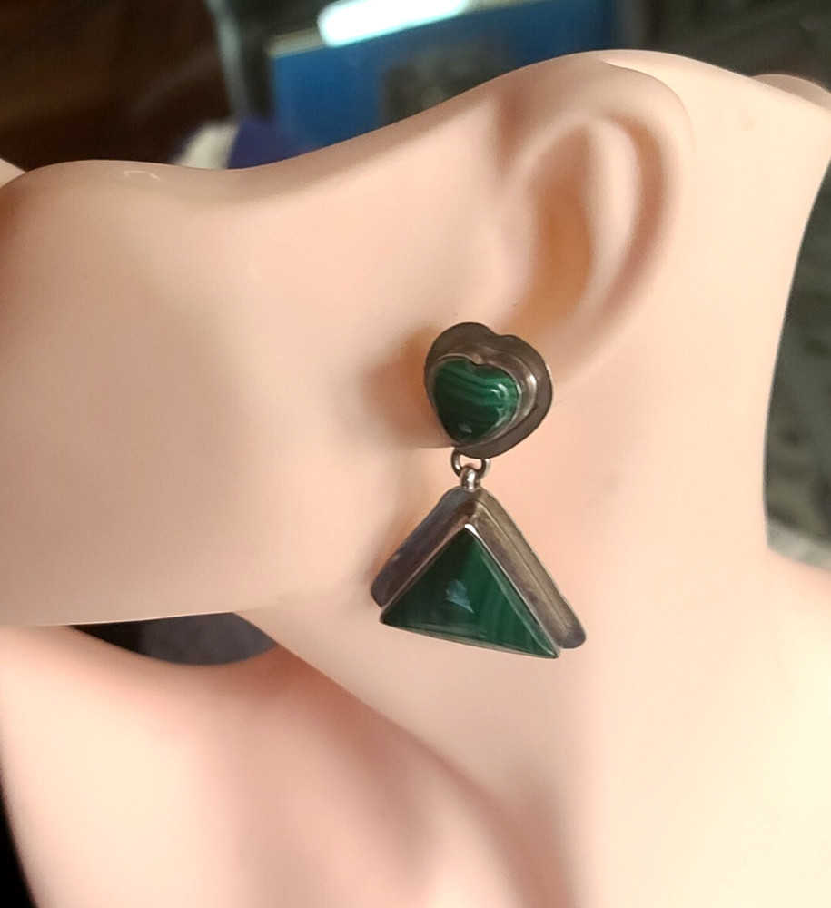 Signed Albert Platera Dangle Malachite Heart & Triangle Sterling Silver Earrings