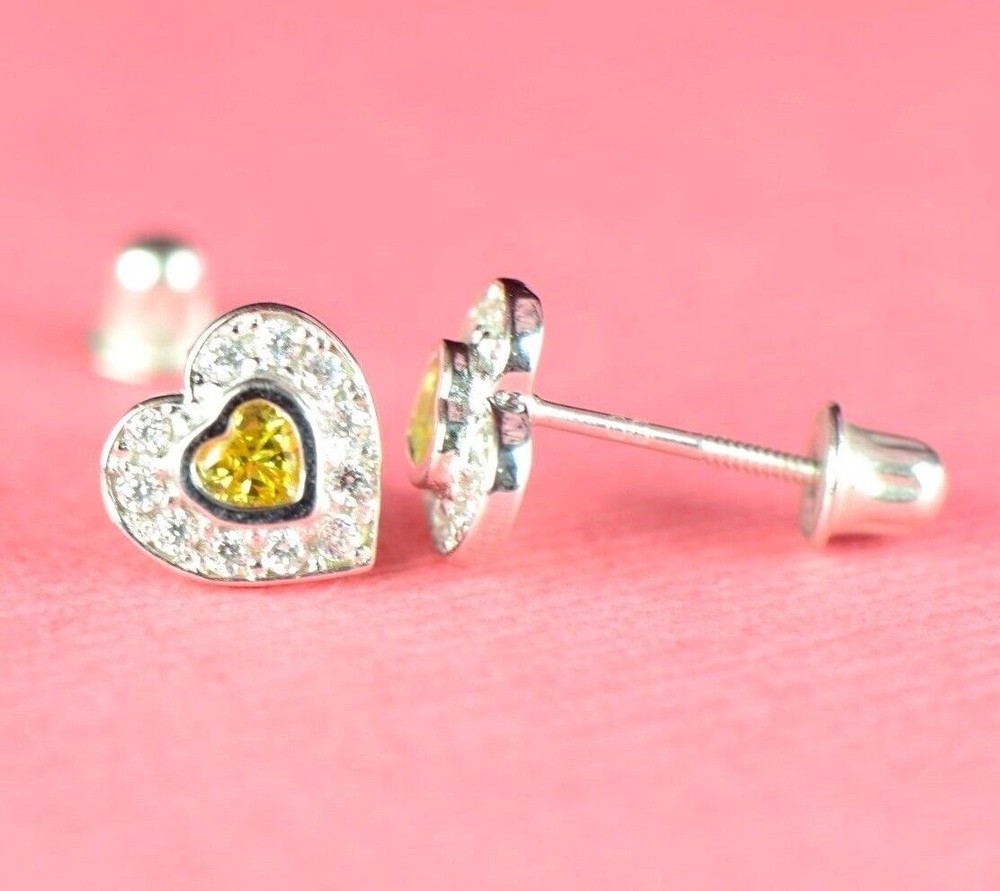 14k Solid White Gold Halo Heart Stud Earrings