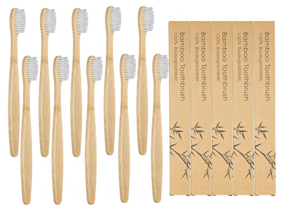 Bamboo Toothbrushes 10 Pack Biodegradable Soft Medium Charcoal Bristles - USA