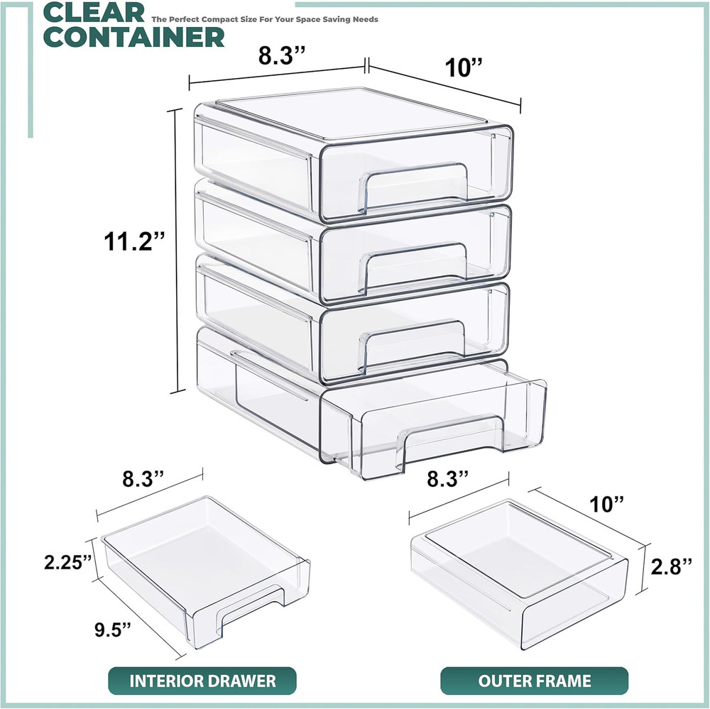 Medium Clear Stackable Storage Drawers 4-Pack Plastic Organizer Bins with Handle