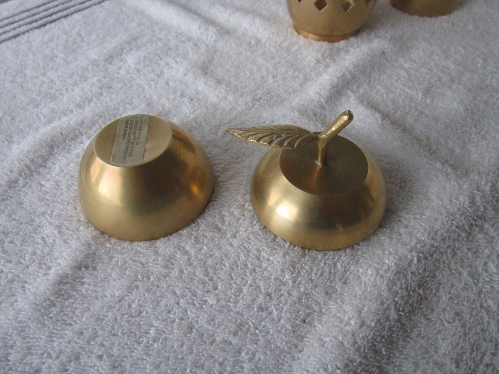 SET OF 3 ~SOLID BRASS ~ [ APPLE DESIGN STASH BOX ]~+PIERCED CANDLE HOLDERS!!!