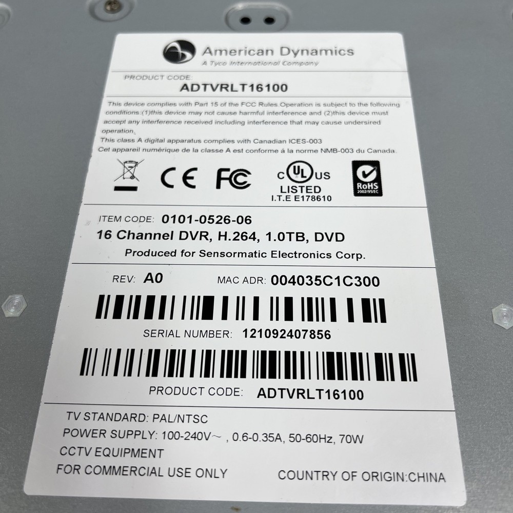American Dynamics ADTVRLT16100 DVR