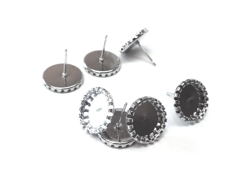10 pcs. Silver Tone Earring Posts Studs Bezels Cabochons Tacks 12mm Bubble Frame