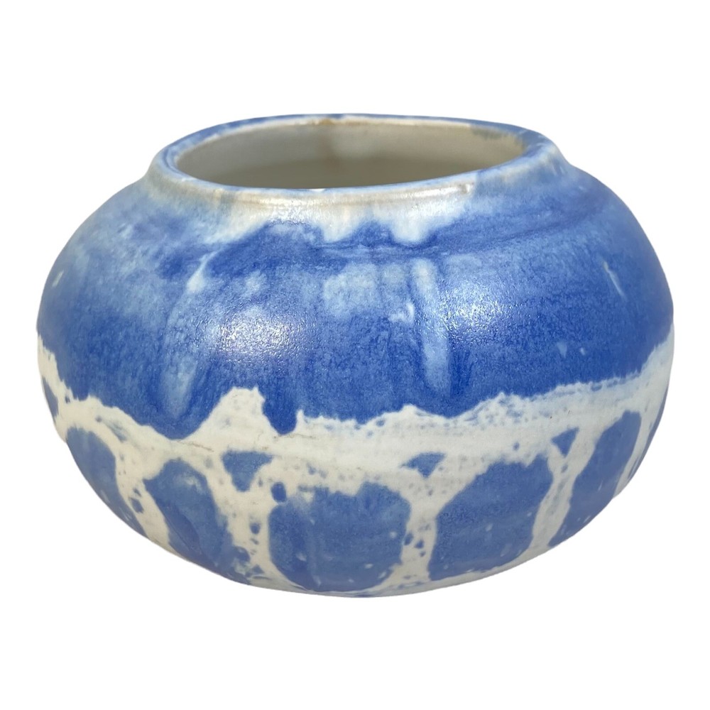 Pottery Art Vase Bowl Blue White Handmade Signed