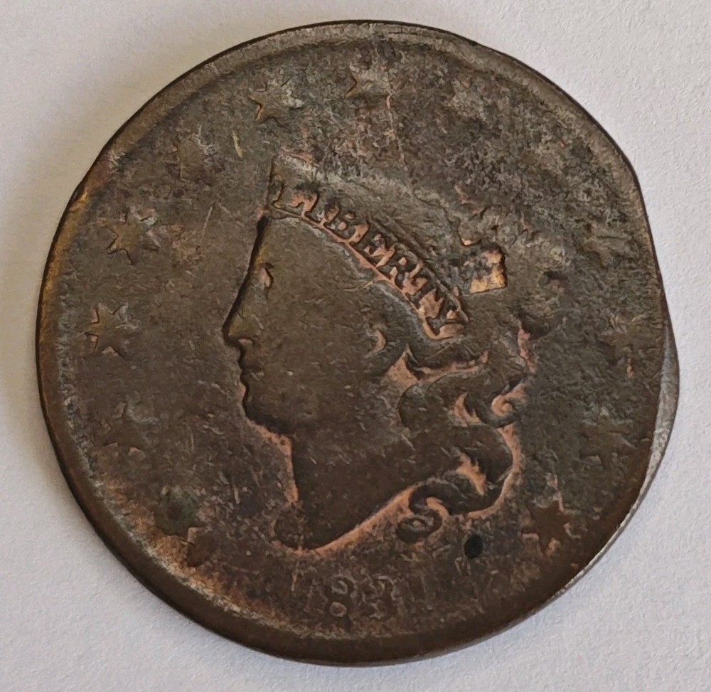 1831 Coronet Head Large Cent • Straight Clipped Planchet Error • AG/G