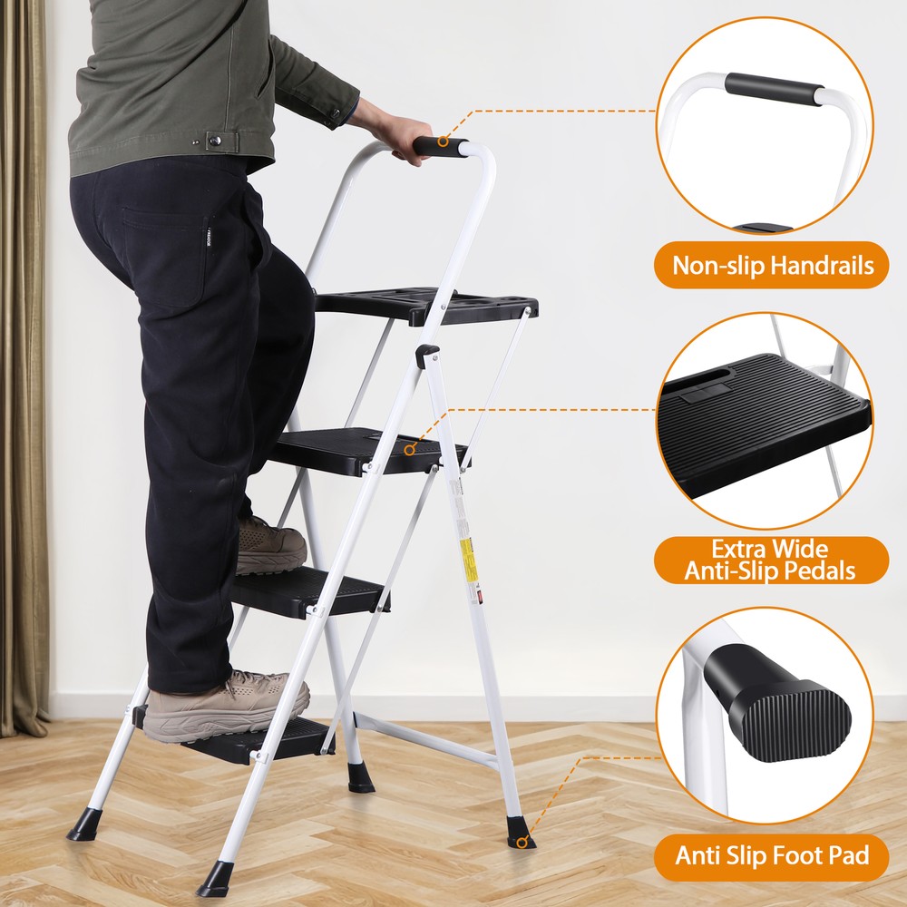 3 Step Ladder with Tool Platform 330 Lbs Lord Heavy Duty Step Ladder White