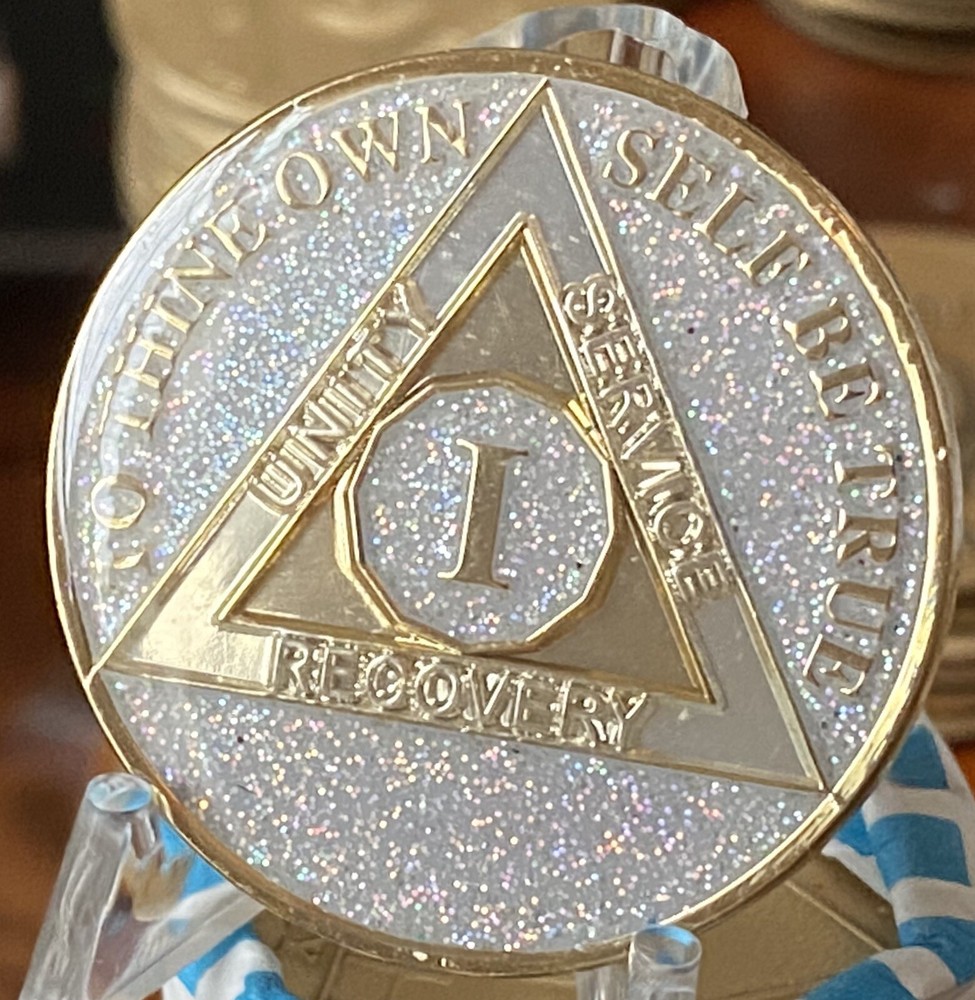 1 Year AA Medallion Opal Glitter Tri-plate Sobriety Chip