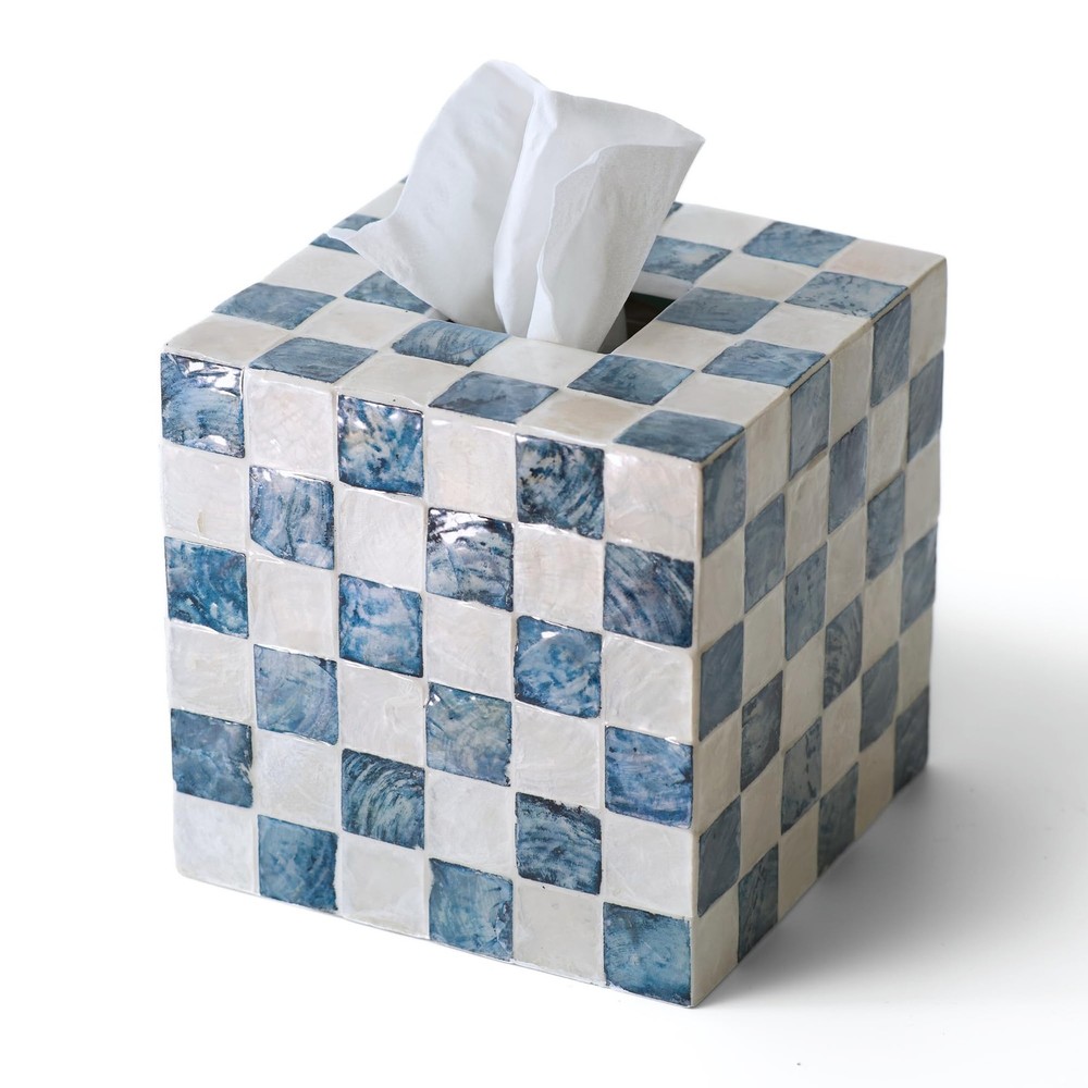 5.7" Square Tissue Box Cover, Handmade Checkered Cube Tissue Box Cover with C...