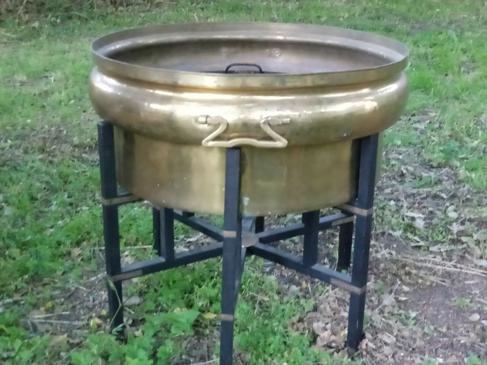 HUGE COPPER BRASS PLANTER POT STAND HANDLES INSERT COFFEE TABLE BASE