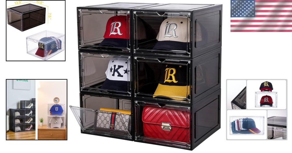 Stylish Clear Black Hat Organizer – 6 Stackable Boxes with Magnetic Closure