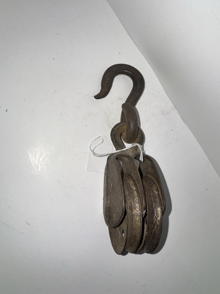 Antique Cast Iron Double Pulley Block Hook Farm Barn Primitive Tool