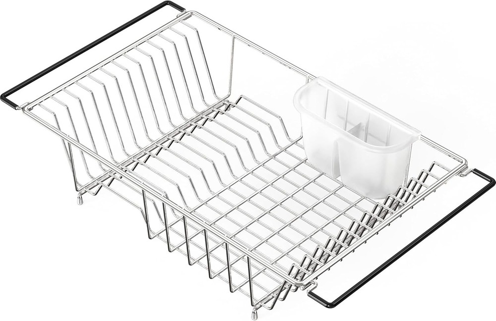 Chic Chrome Dish Drying Rack with 2-Compartment Utensil Holder - Large Capacity