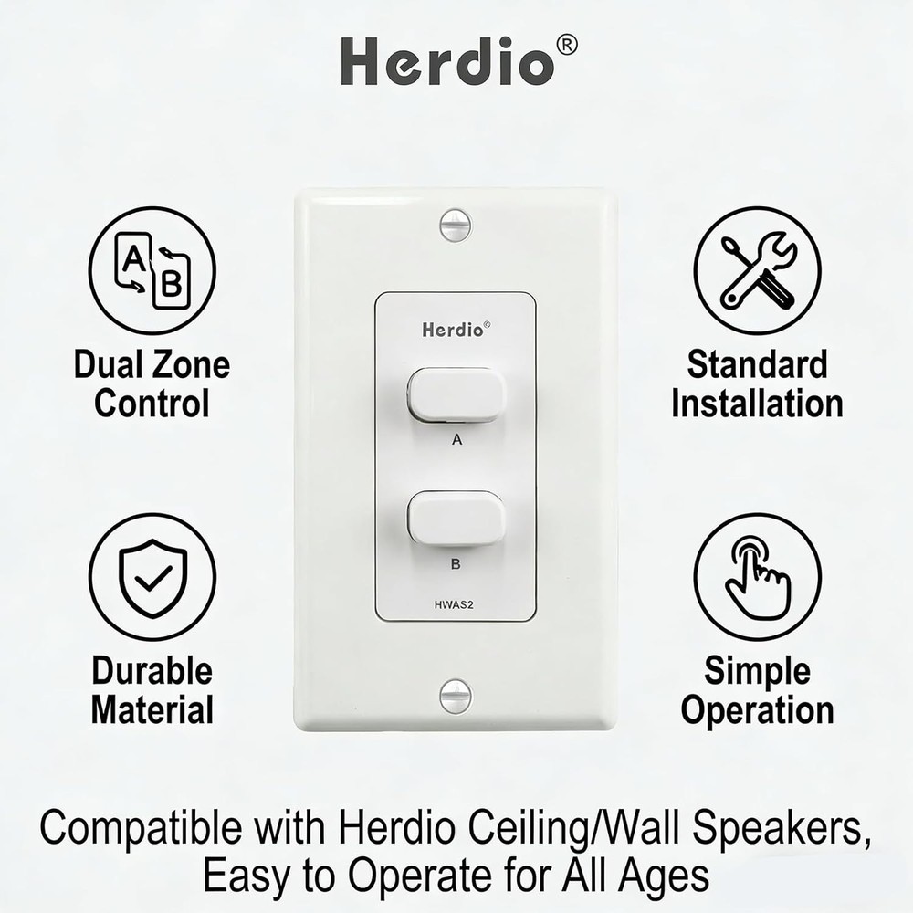 Herdio in-Wall 2 Channel Speaker Selector Switch Home Audio Speakers Controller
