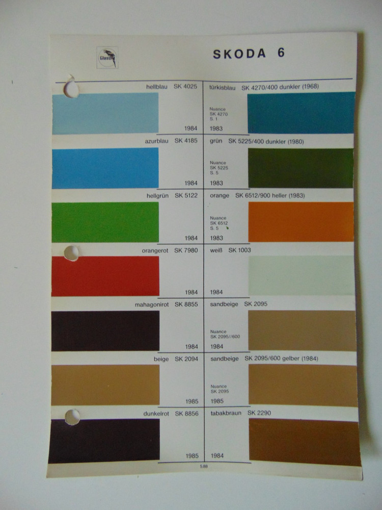 Original Glasurit Skoda Paint Chips Sheet - 1983-1985