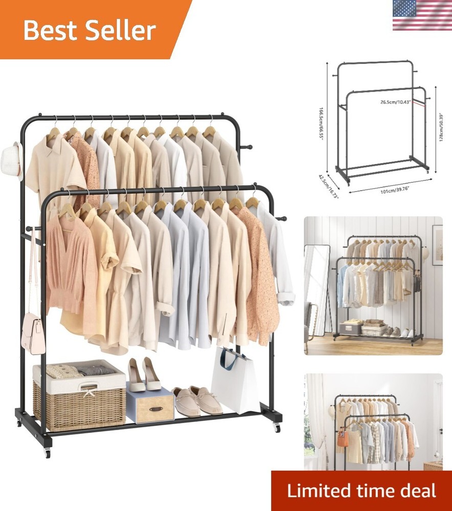 Double Rod Garment Rack with Wheels, 4 Hooks, Multi-functional Black Cloth Rack