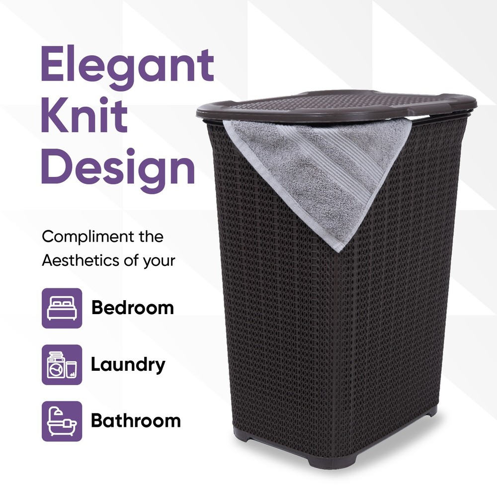 Plastic Laundry Hamper with Lid, Knit Style - Brown, 50 Liter (2 Pack)