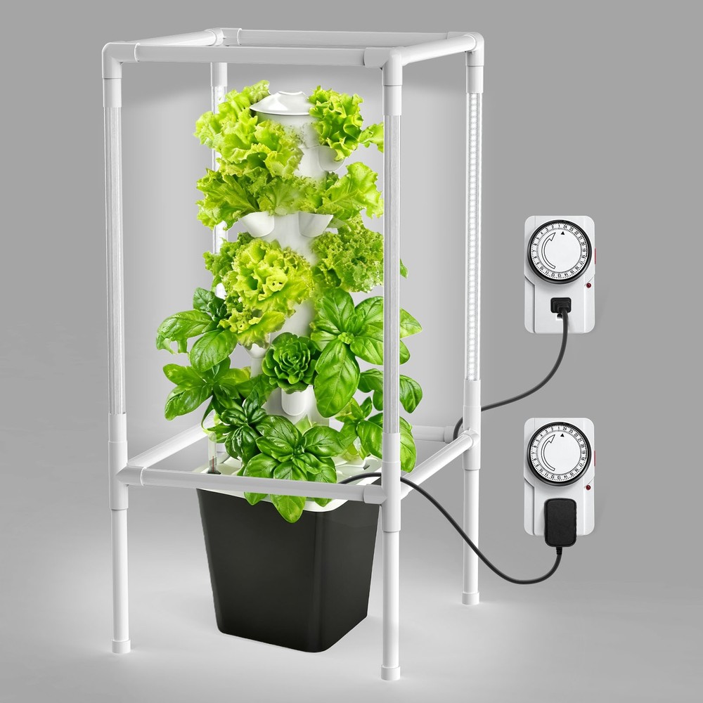 Vertical Hydroponic Tower System 6-Tier 30-Pod Grow Light Timer Indoor Growing