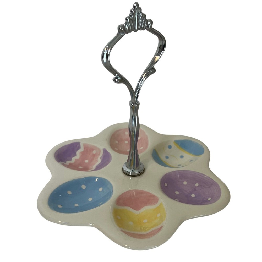 Easter Egg Tray Colorful Ceramic Platter Holds Six Dyed Eggs Silver Tone Handle