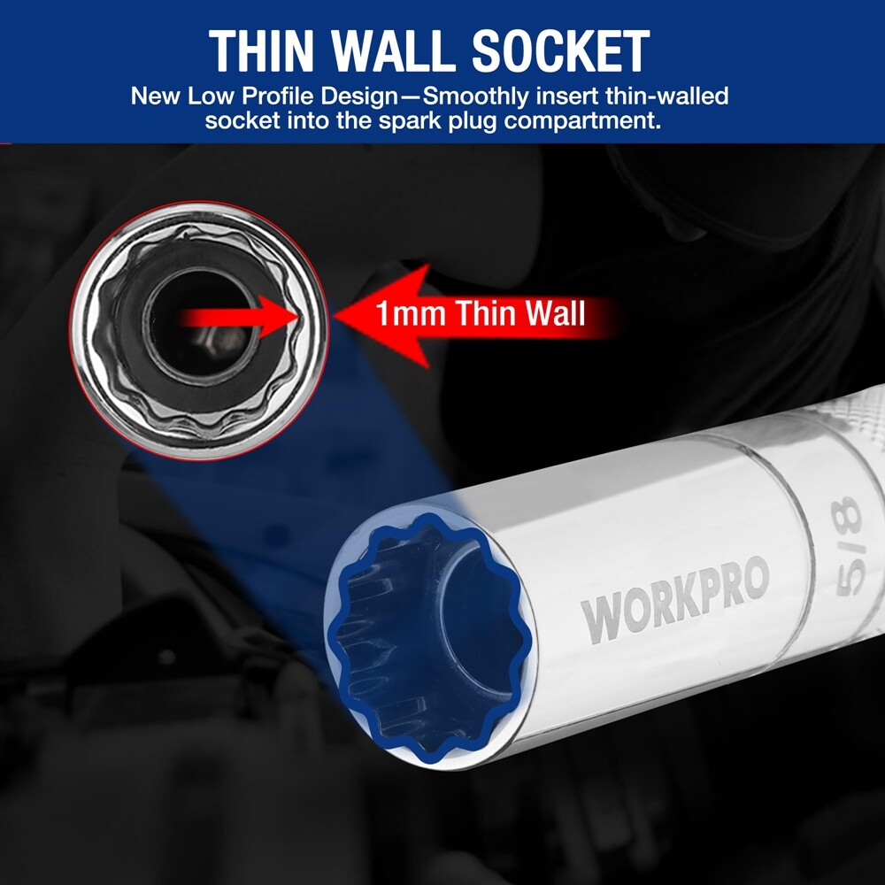 WORKPRO 7 PCS Magnetic Swivel Spark Plug Socket Set with 12 Points Magnetic Core