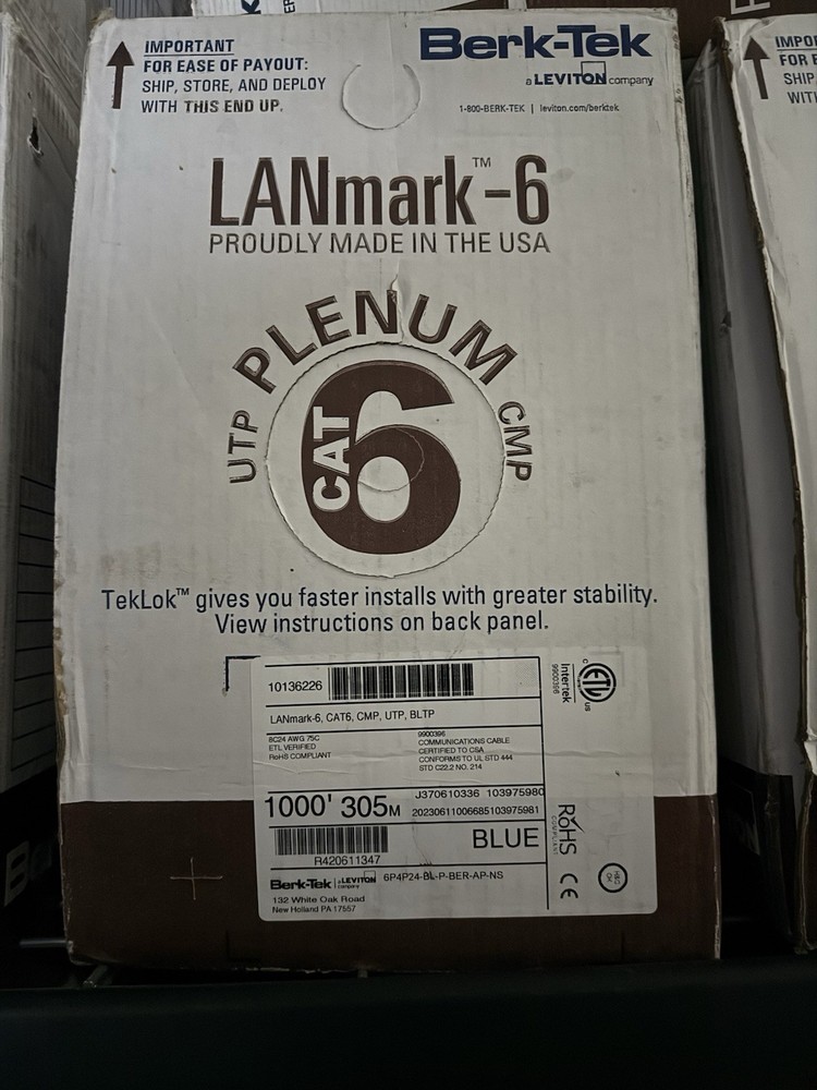 Berk-Tek Lanmark -6 - BLUE CAT6 PLENUM / CMP Fire Rated Data Cabling - 1000ft