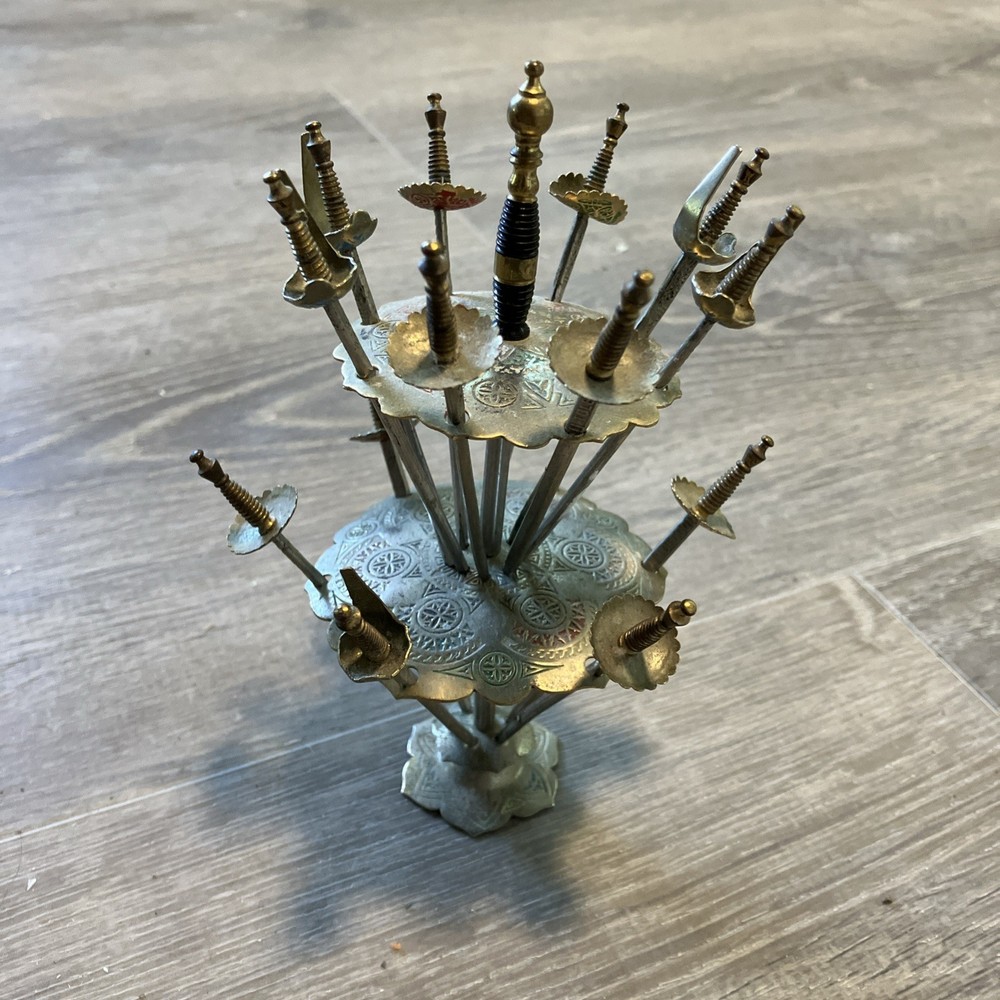 Vintage Brass Sword Cocktail Picks Holder Set