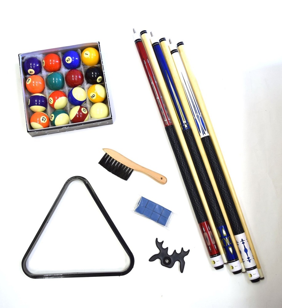 Pool Table - Billiard Accessory Kit - Cues Ball Triangle Rack Brush Chalk Bridge